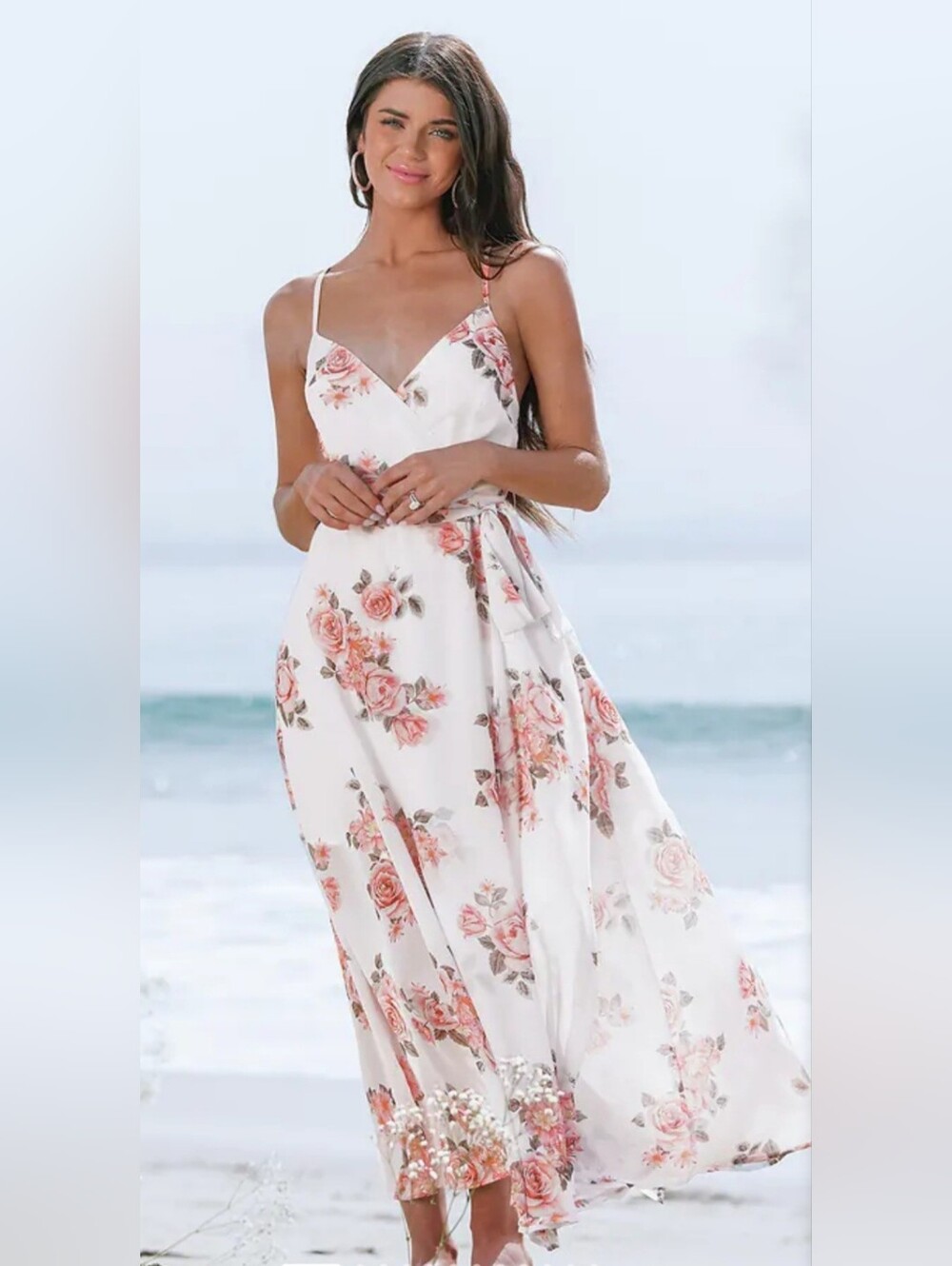 Cupshe White Maxi Dress with Pink Rose Print and Spaghetti Straps